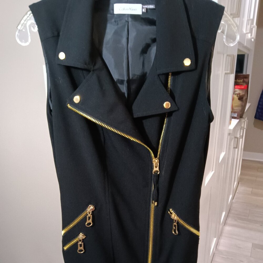 A preowned Calvin Klein sheath dress with gold military trim.
